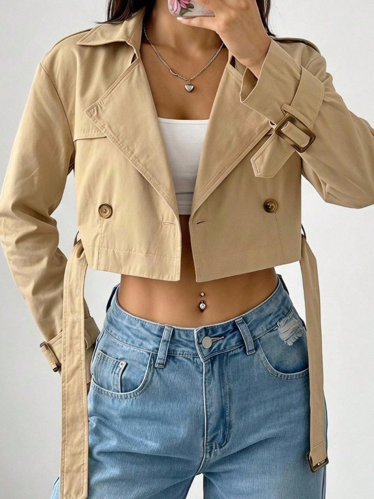 Khaki Casual Women's Belted Lapel Short Trench Coat